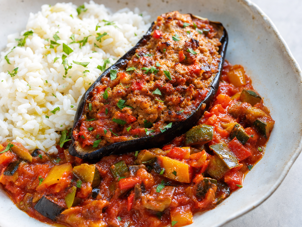 Aubergines farcies méditerranéennes & riz