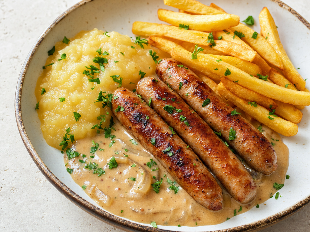 Chipolatas, frites & compote