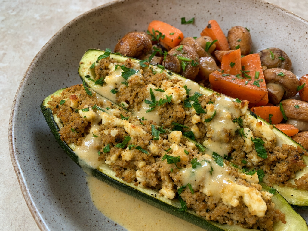 Courgettes farcies dinde-curry & feta