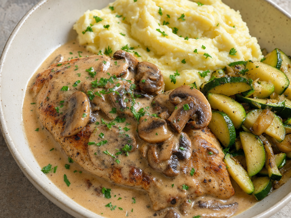 Poulet sauce champignons + courgettes + purée