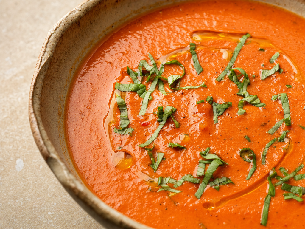 Soupe tomates, poivrons grillés & basilic