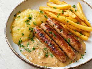 Chipolatas, frites & compote