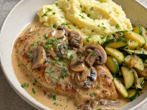 Poulet sauce champignons + courgettes + purée