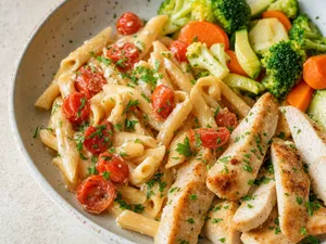 Pâtes tomates cerises, Boursin & blanc de poulet ou dinde